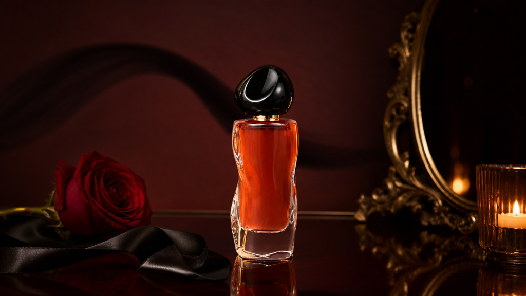 A perfume bottle beside a lit candle and a deep red rose in warm evening light