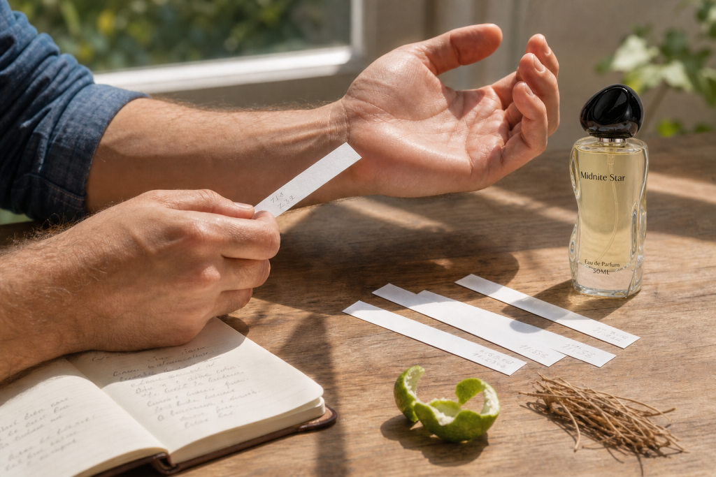Testing a summer perfume on skin and fragrance blotters in warm weather