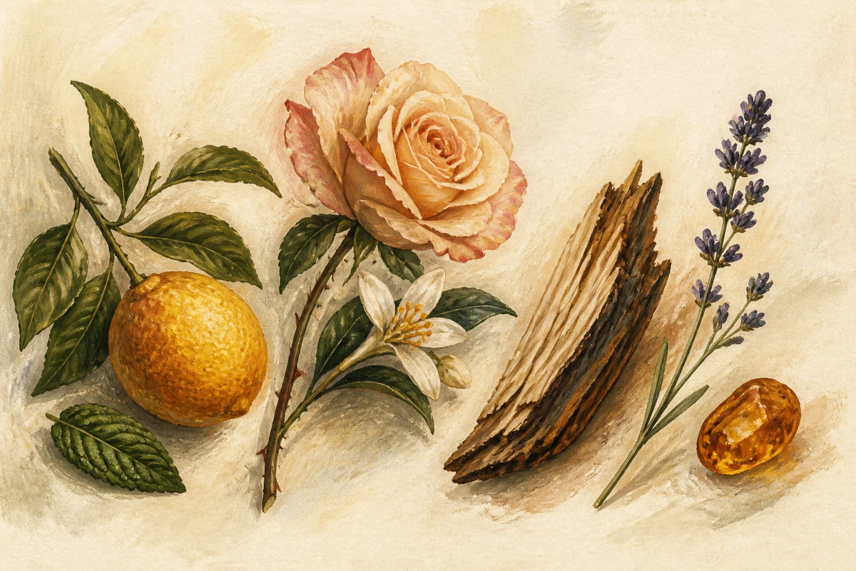 A gouache-style painted detail of a citrus sprig with mint, a rose and orange blossom, cedar wood, and lavender with amber resin on cream paper