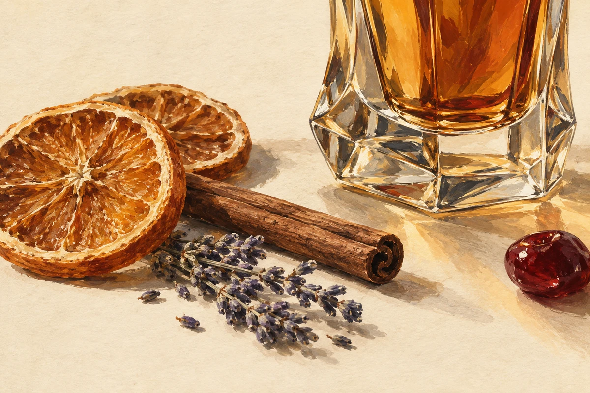 A gouache-style painted detail of dried orange slices, a cinnamon stick, lavender and the cut-glass base of a perfume bottle