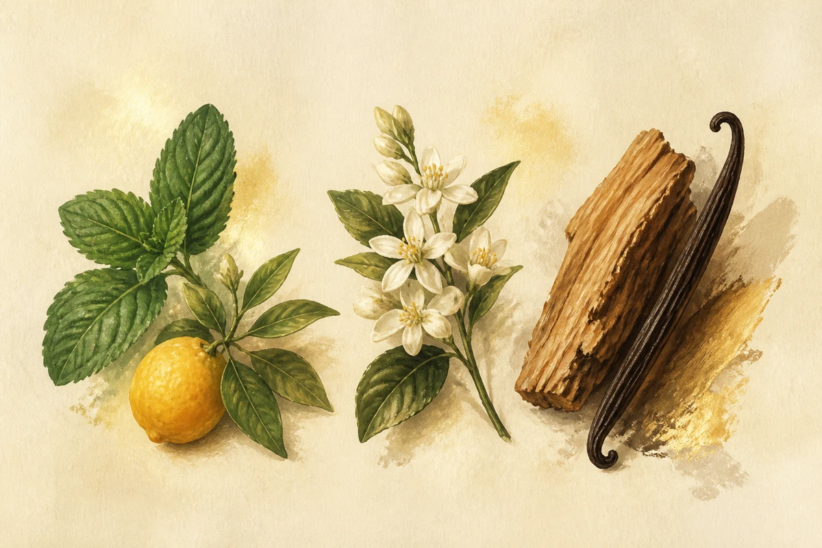 A gouache-style painted detail of a mint sprig, small white blossoms, a piece of cedar wood and a vanilla pod on cream paper