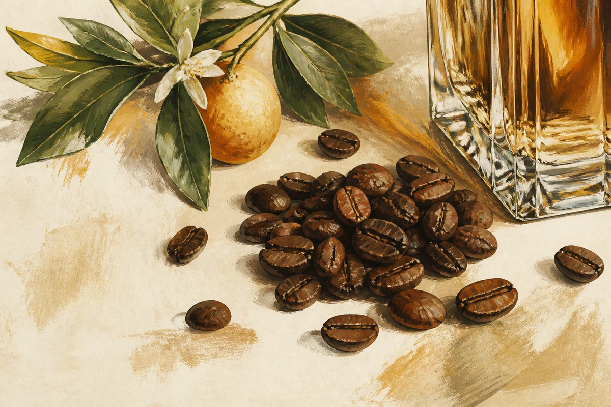 A gouache-style painted detail of roasted coffee beans, a citrus sprig and the cut-glass base of a perfume bottle on cream paper