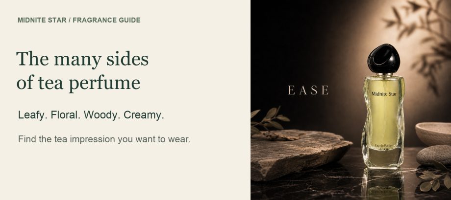 Tea perfume guide with a Midnite Star Manor Tea Party bottle and leafy, floral, woody, and creamy scent descriptors.