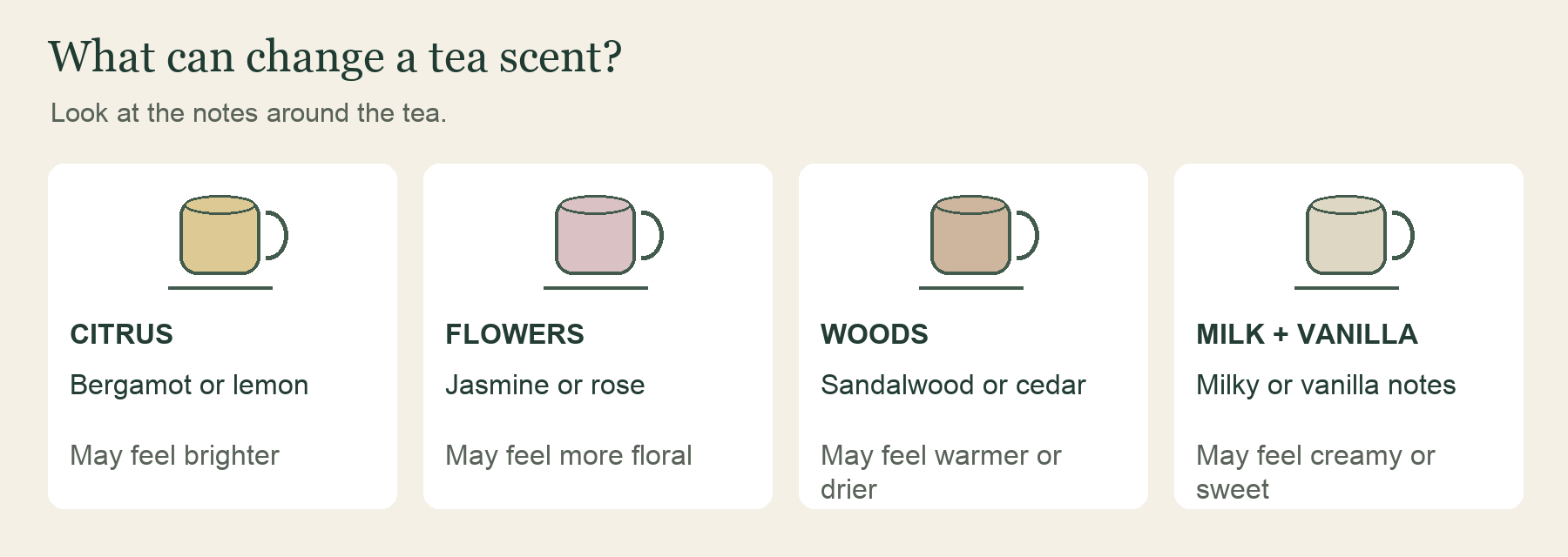 Four supporting note groups that can shape a tea perfume: citrus for brightness, flowers for a floral feel, woods for warmth or dryness, and milk with vanilla for creaminess or sweetness.